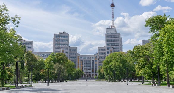 Photo of exterior of the tallest skyscraper in the soviet union era "Derzhprom" in Kharkiv city, Ukraine.