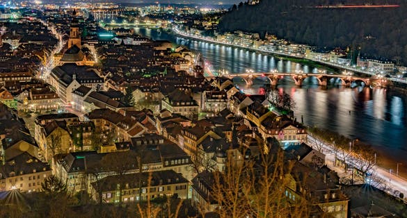 View from Heidelberg Castle park on the city with Heiliggeistkirche and Old Bridge over the Neckar