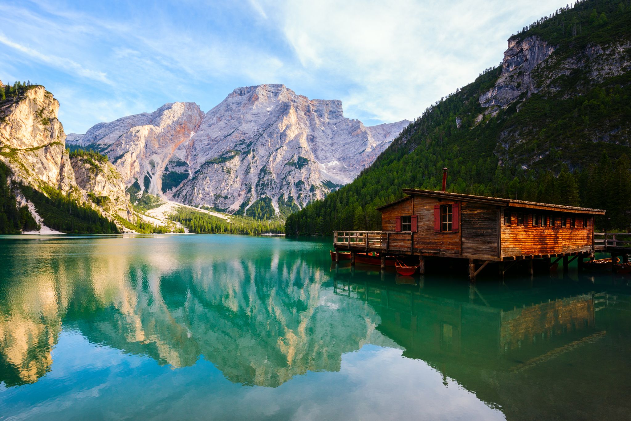 photo of Braies Lake ( Pragser Wildsee ) in Dolomites mountains, Sudtirol, Italy,Prags - Braies Italy.
