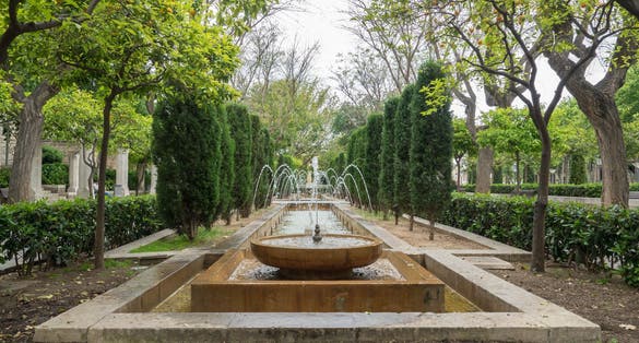 photo of S'Hort del Rei gardens Water fountain, leisure area Park to walk Palma de Mallorca. Balearic Islands of Spain.