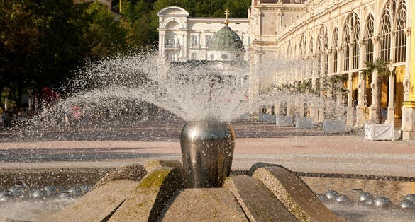 Photo of a close up to singing fountain main attraction of Marianske Lazne (Marienbad), Czech Republic.