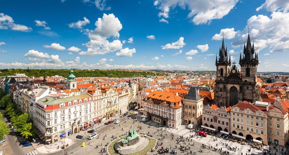 Photo of aerial view of Old Town Square in Prague, Czech republic.