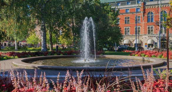 Fountain in the city park. Architecture of Lulea, Sweden.