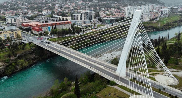 Photo of aerial view of Millennium bridge over Moraca river in Podgorica, Montenegro.