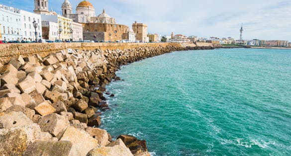 Cadiz embankment panorama in Spain with beautiful cathedral.