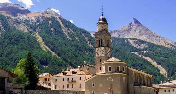 View of the Church of Saint Ursus (Italian: Chiesa di Sant'Orso) in Cogne, Aosta Valley, north Italy.