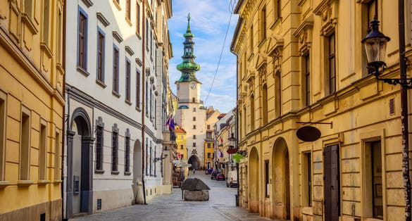 A street in the Old town of Bratislava, Slovakia, leading to Michael's gate tower