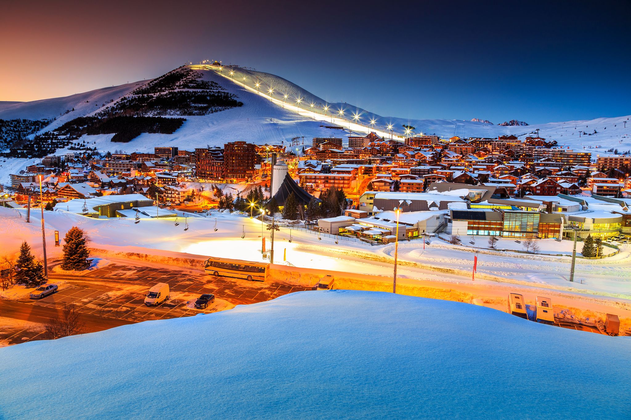 Photo of aerial view of spectacular winter landscape and mountain ski resort in French Alps ,Alpe D Huez, France.
