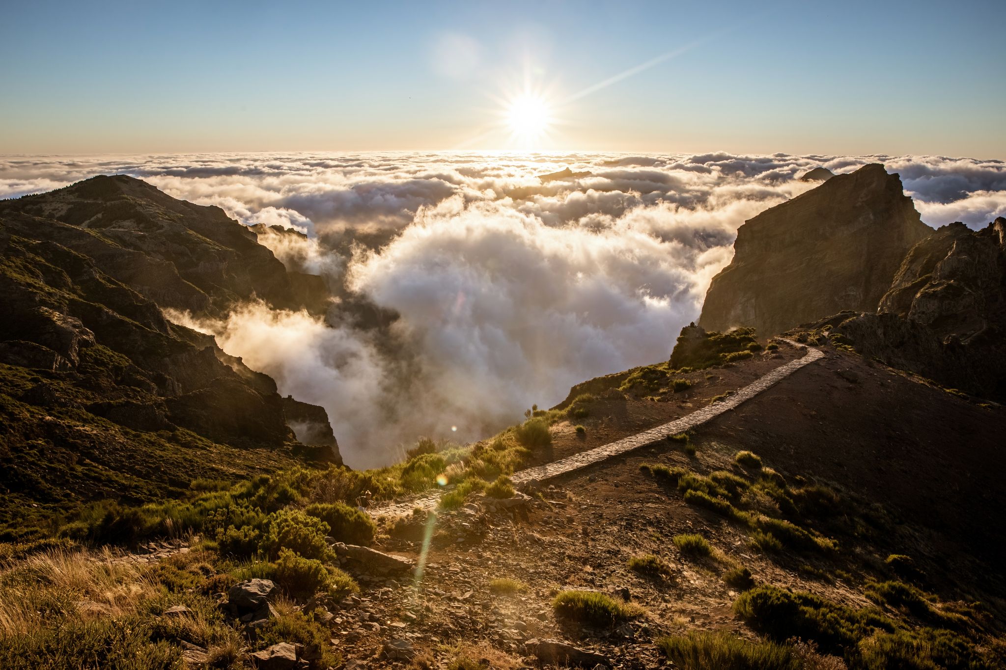Beautiful sunset over the mountains, Pico do Arieiro, Madeira Island, Portugal.