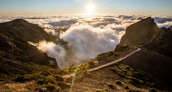 Beautiful sunset over the mountains, Pico do Arieiro, Madeira Island, Portugal.