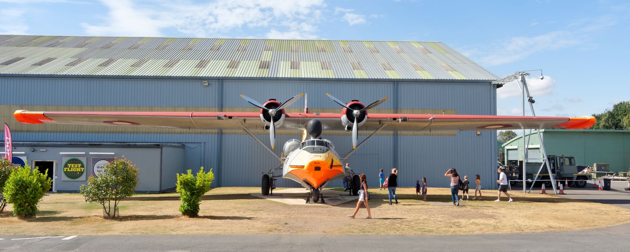Royal Air Force Museum ,UK 2018. Visitors are watching the plane Consolidated - PBY-6A Catalina.