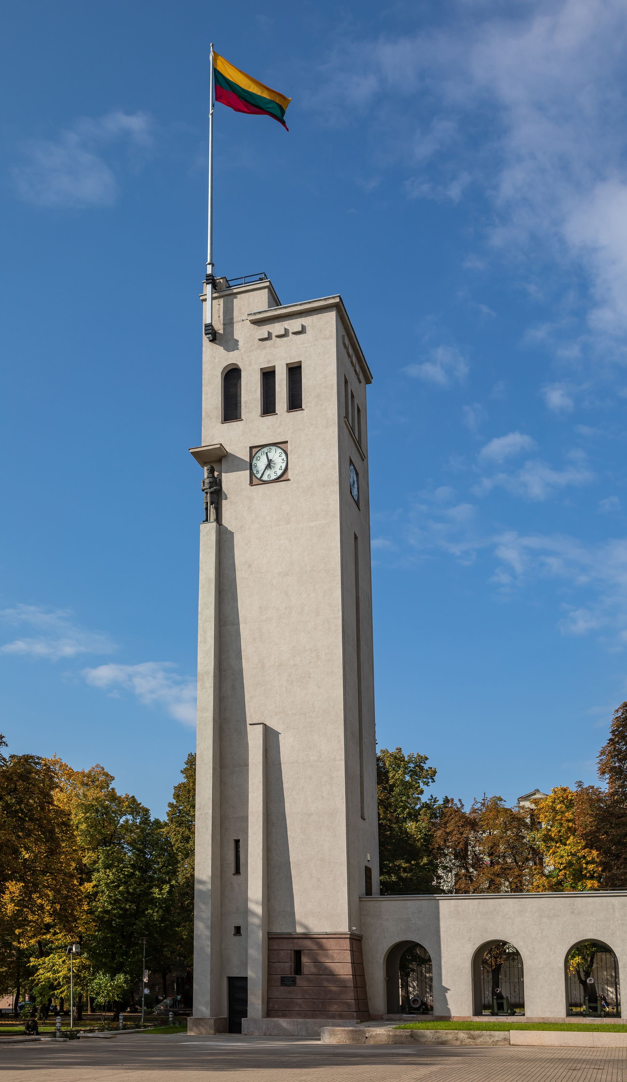 Kaunas, Lithuania - October 2, 2021: Tower with the carillion and the clock besides Vytautas the Great War Museum in Vienybes square.