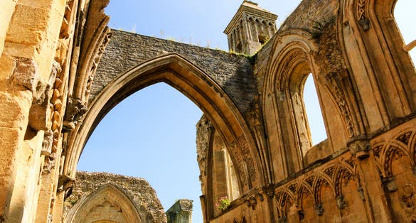 Photo of a close up to ruins of Glastonbury Abbey, was a monastery in Glastonbury, Somerset, England.