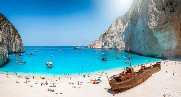 Photo of panoramic view of the famous Navagio shipwreck beach on Zakynthos island, Greece.