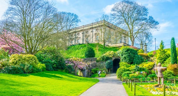 Photo of View of a blossoming garden inside of the Nottingham castle, England.