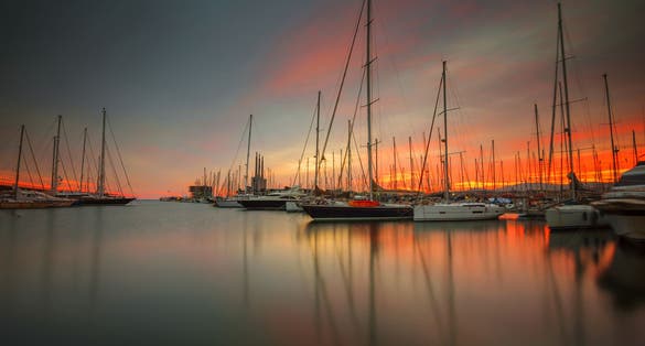 Sunset view from Badalona Marina in Badalona near Barcelona, Spain.