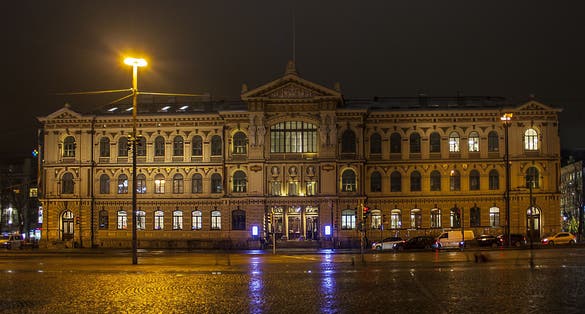 Photo of famous Ateneum art museum at night in Helsinki, Finland.