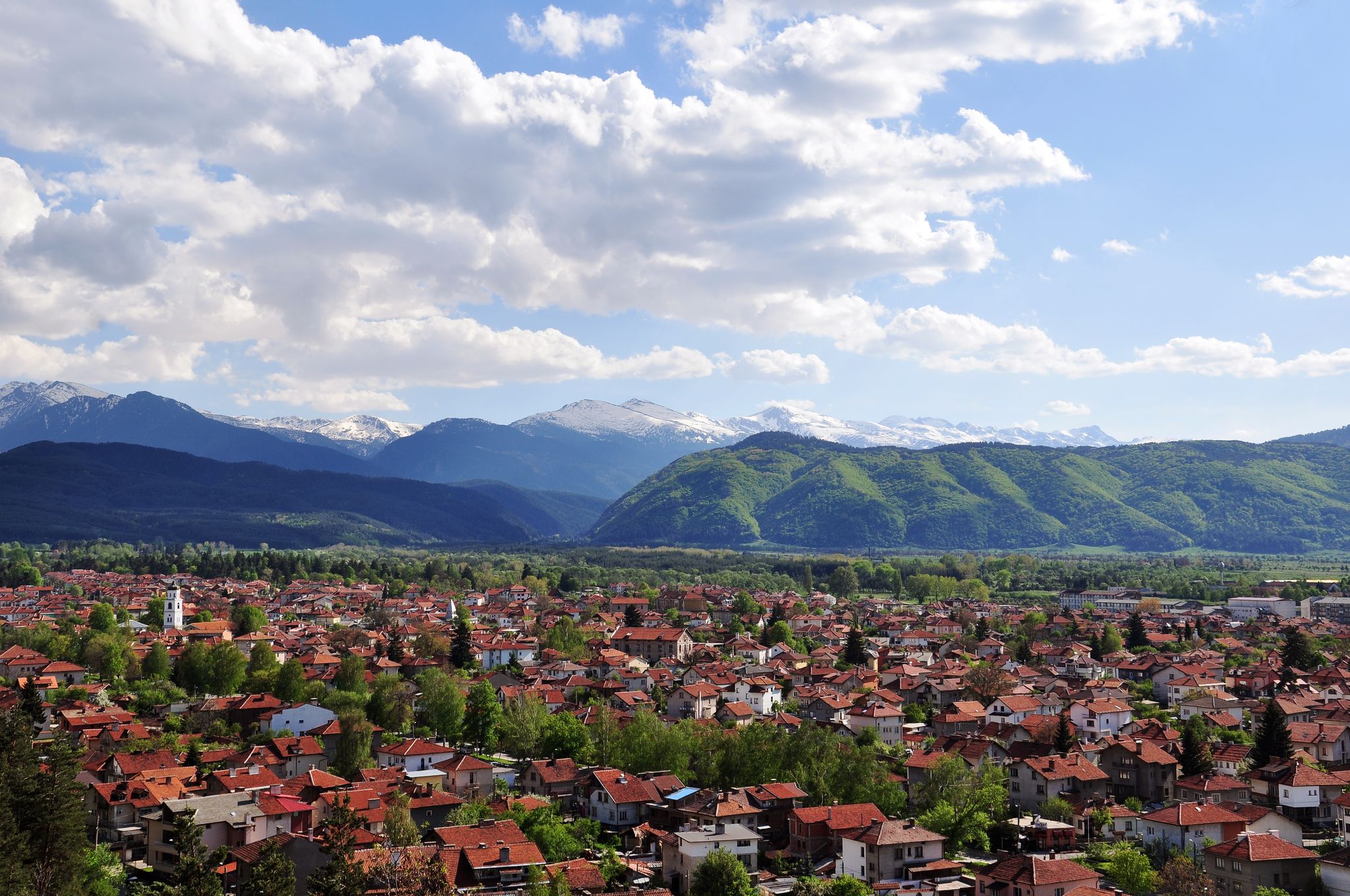 Photo of panoramic aerial view of Samokov, Bulgaria.