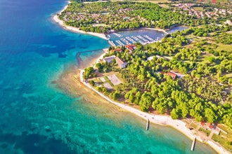 Coastal village of Valbandon aerial view, Istria region of Croatia