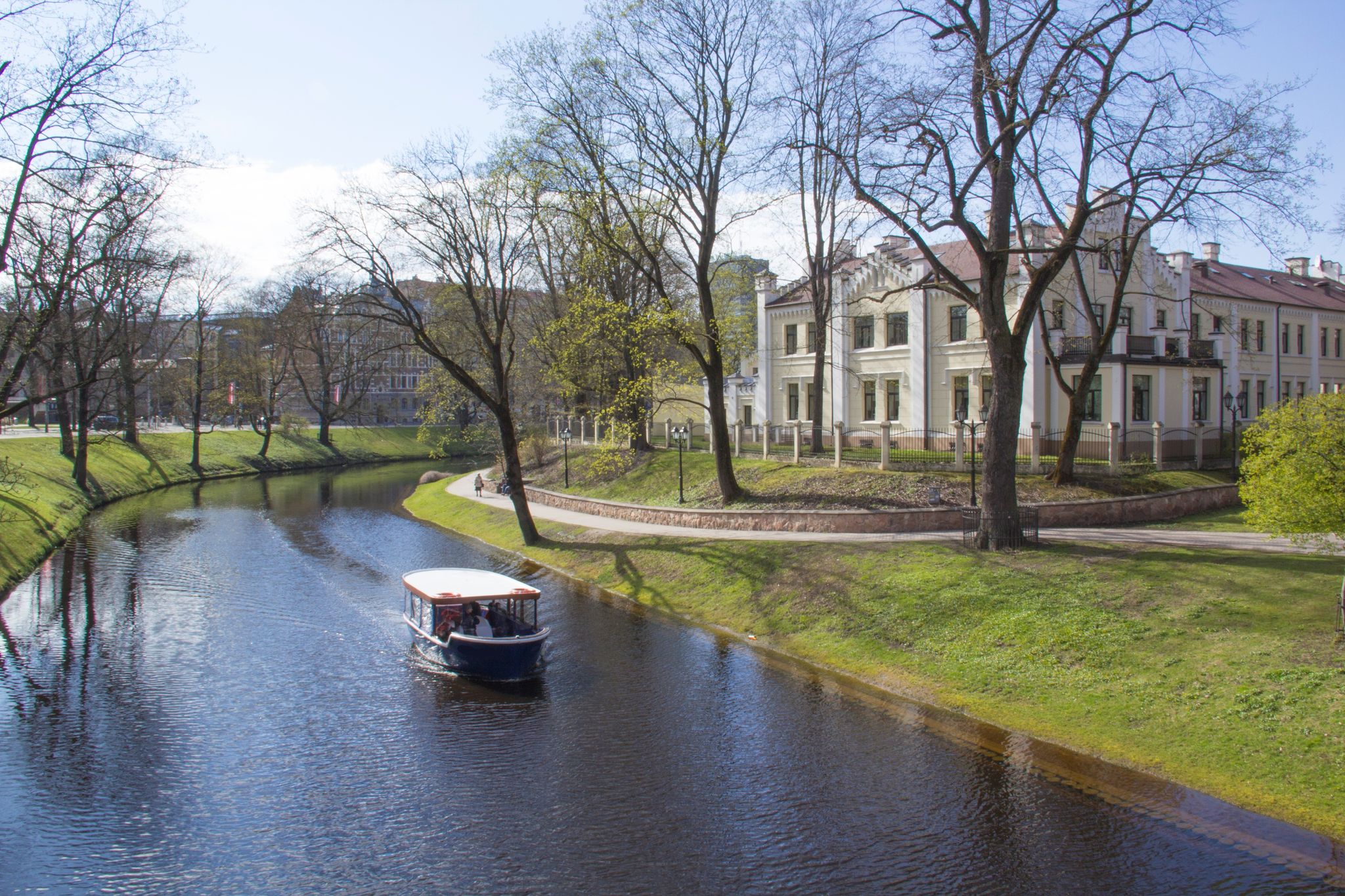 A beautiful view of the Riga Canal in Vermanes Garden, Riga, Latvia