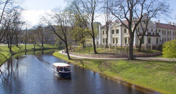 A beautiful view of the Riga Canal in Vermanes Garden, Riga, Latvia