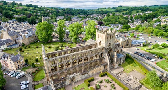 Photo of aerial view of the ruins of Jedburgh Abbey ,Jedburgh, Scottish Borders, Scotland, UK.