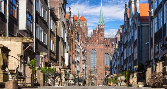 Mariacka Street with the Basilica St. Mary's in Old Town of Gdansk, Poland.