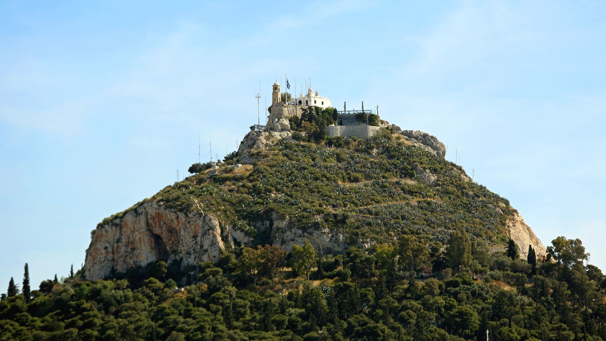photo of view Mount Lycabettus Limestone Hill With Chapel on Top in Athens Greece.