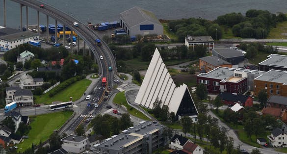 Aerial panorama of Tromso in the Troms og Finnmark district in Norway.