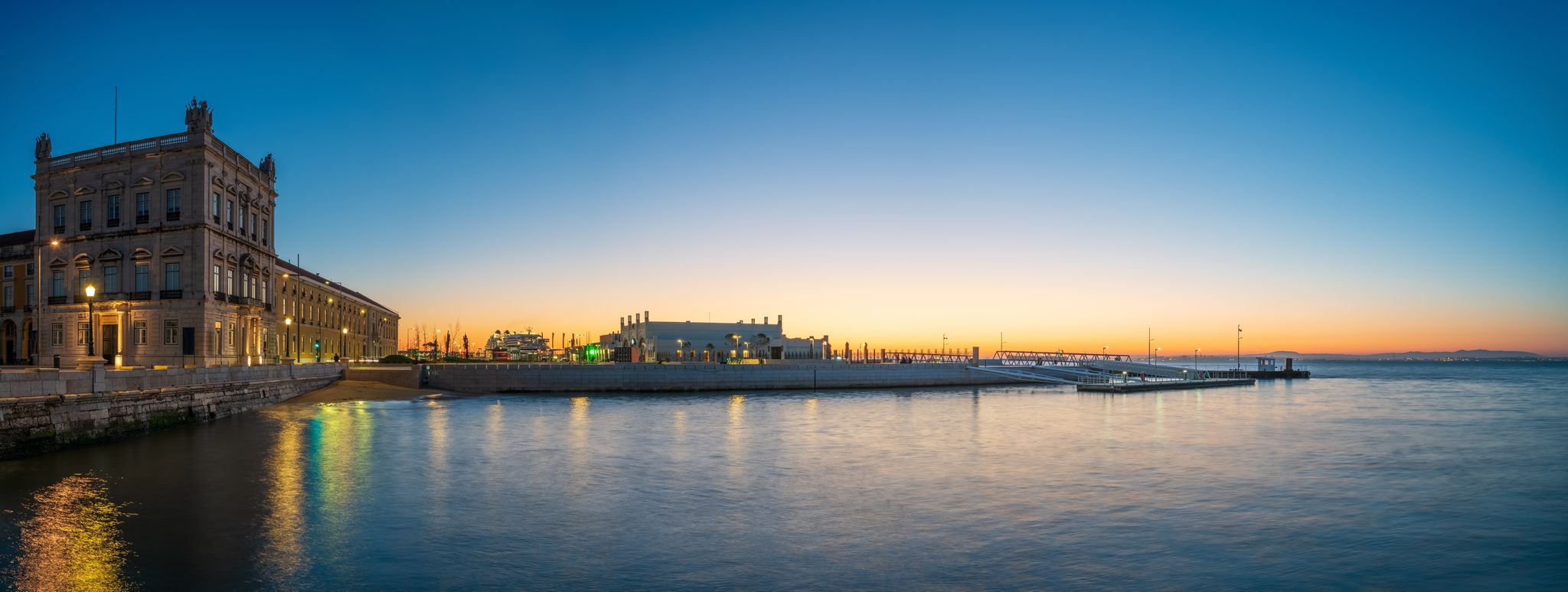 Cais das Colunas pier panorama at sunrise in Lisbon. Portugal