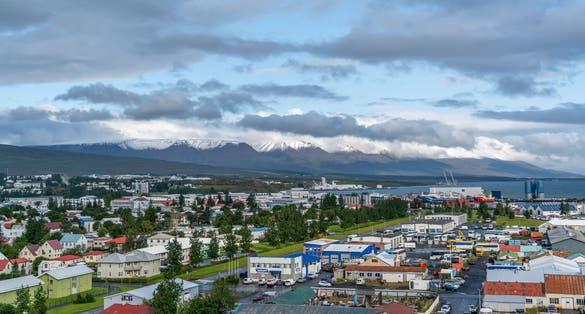 Aerial view of Akureyri town in Iceland .