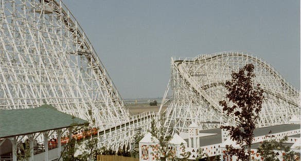 photo of view Wooden roller coaster Sierra Tonante at Mirabilandia, 2007, Ravenna, Italy.