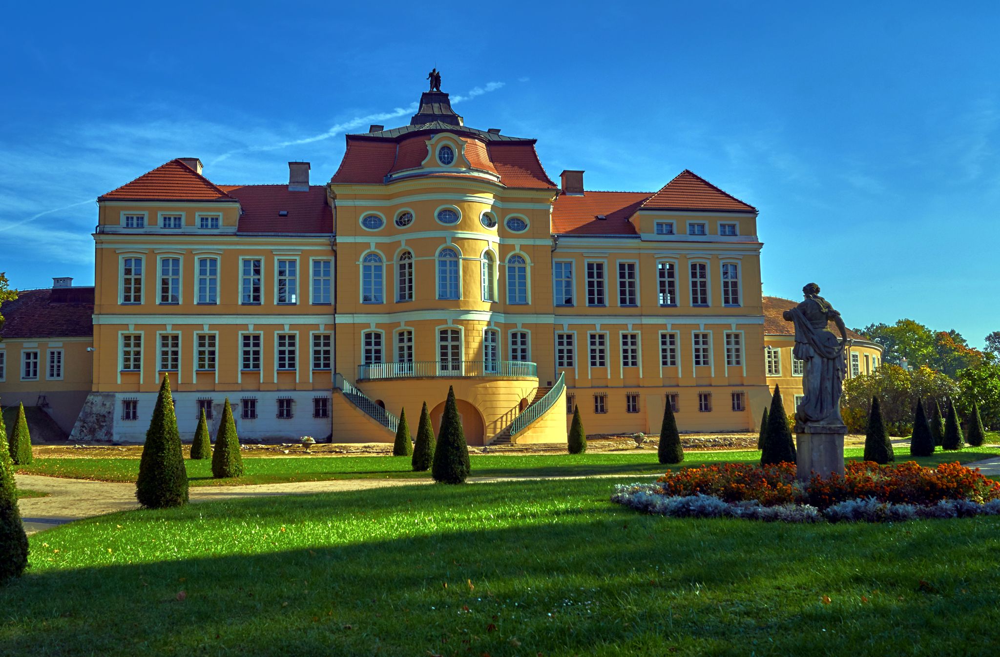 The facade of the baroque palace in Rogalin in Poland