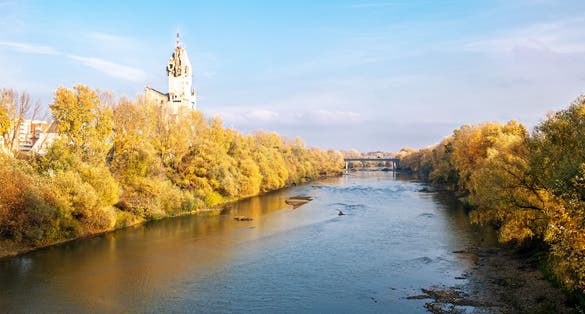 photo of view of Landscape view of the river Somes in autumn season in Satu Mare, region of Maramures in Romania.