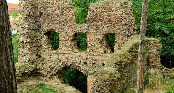 Photo of towers and partly preserved walls of castle Zebrak, Czech Republic.