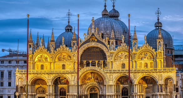 Photo of the famous St Mark's Basilica in Venice at night, Italy.