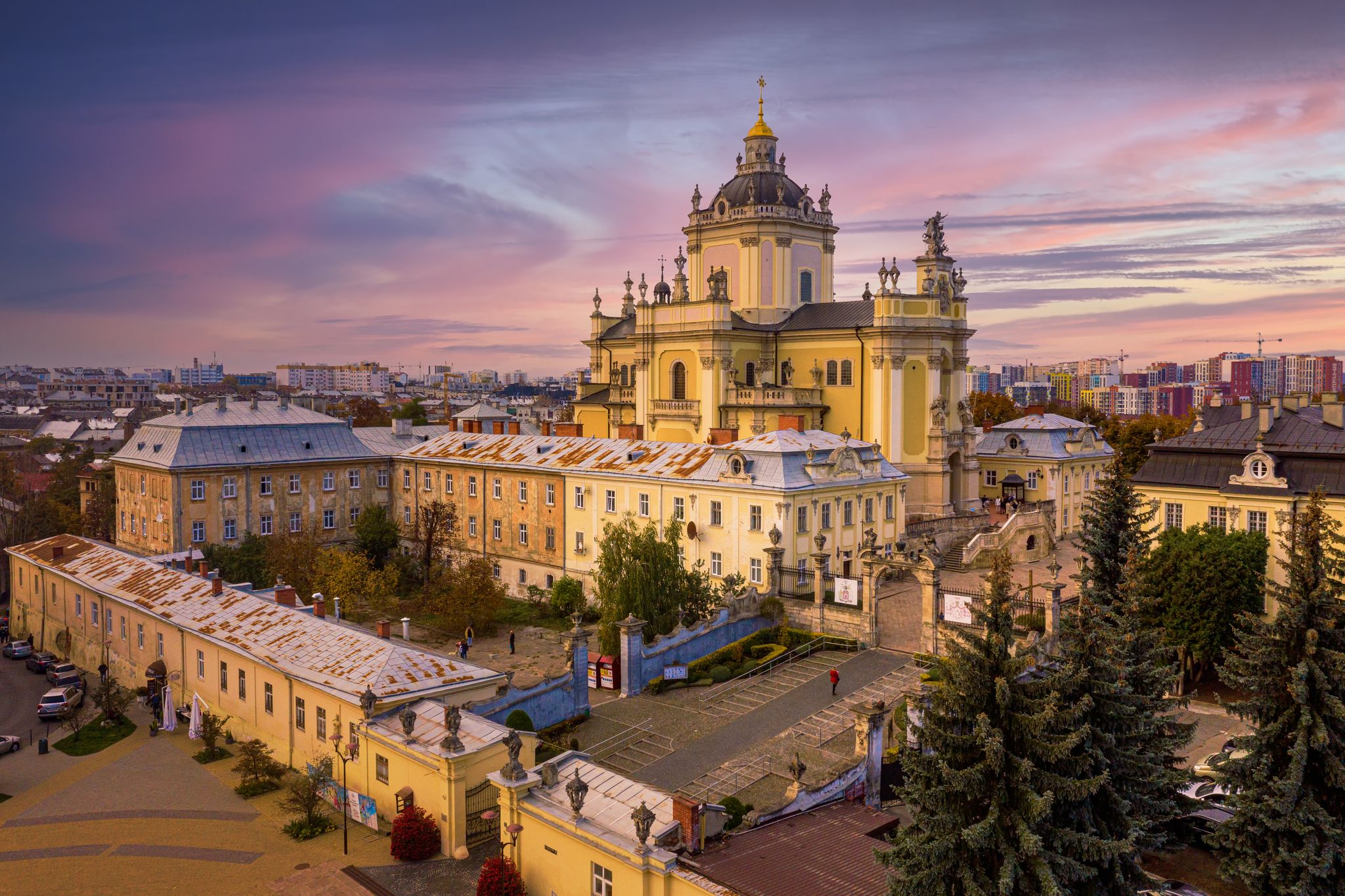 Photo of aerial view of St. Jura St. George's Cathedral church against cloudscape in old town Lviv, Ukraine.