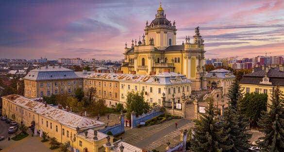 Photo of aerial view of St. Jura St. George's Cathedral church against cloudscape in old town Lviv, Ukraine.