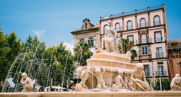Photo of fountain on the Puerta de Jerez in Seville, Spain.