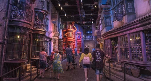Visitors wander through the Diagon Alley movie set, at the Making of Harry Potter Studio tour at the Warner Bros. Studios in Leavesden, UK.