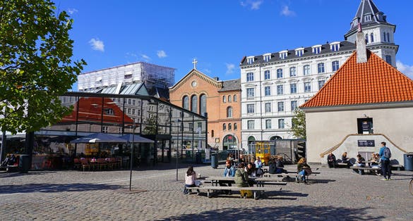 Photo of the Torvehallerne, a gourmet indoor and outdoor food market located in Norreport, Copenhagen, Denmark.