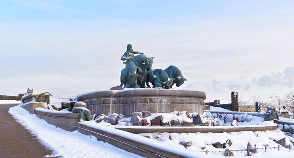 Photo of Gefion Fountain in winter Copenhagen in Denmark.