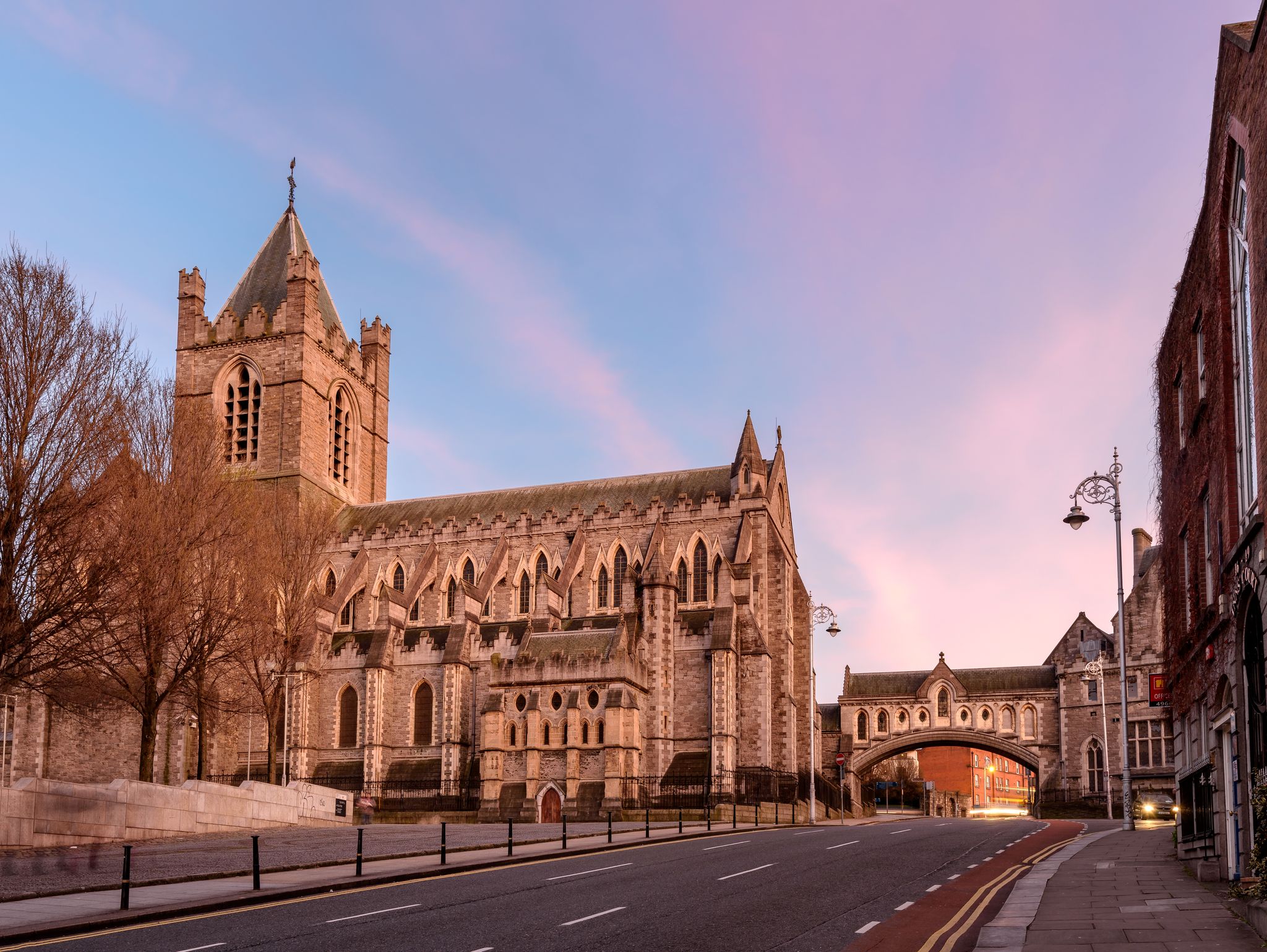 Photo of Christ Church Cathedral at sunset that is located in Dublin, Ireland.