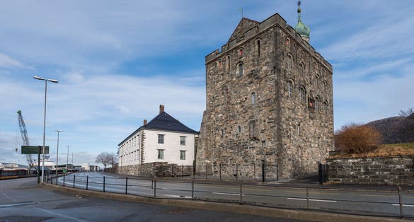 The Rosenkrantztårnet near the Bergenhus Fortress in the city of Bergen, Norway on a sunny day