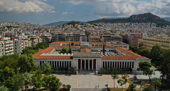 Photo of aerial drone view iconic public National Archaeological Museum in the heart of Athens, Attica, Greece.