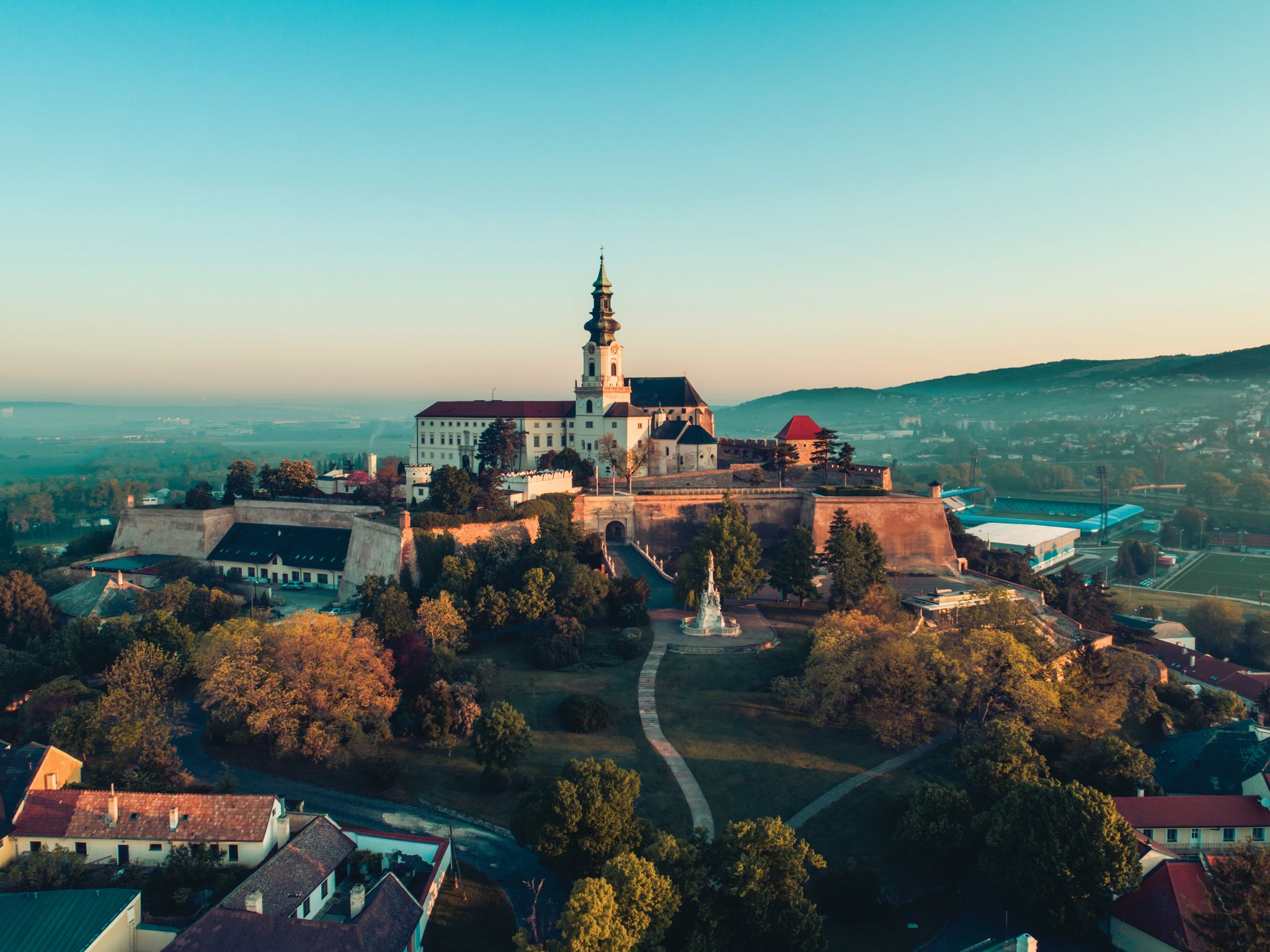 Nitra castle autumn morning drone shot