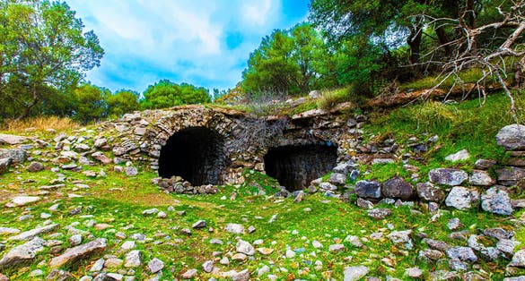 View of the Gymnasium Bath located on the southwest terrace. Aigai (Aiolis) Ancient City, Yuntdağı Köseler Village, Manisa, Turkey.