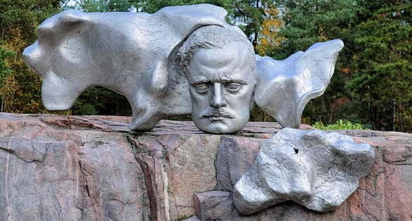 Photo of face of the Finnish composer Jean Sibelius, element of the Sibelius Monument, Helsinki, Finland.