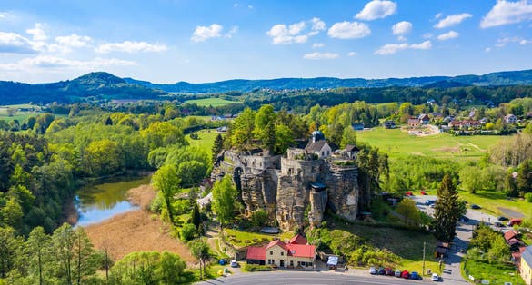 Aerial view of Sloup Castle in Northern Bohemia, Czechia. Sloup rock castle in the small town of Sloup v Cechach, in the Liberec Region, north Bohemia, Czech Republic.