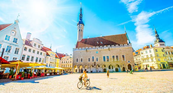 Photo of Tallinn Town Hall Square and old city panoramic scenery view, Estonia.